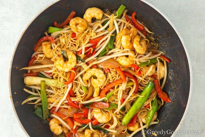 Cooked king prawn chow mein.