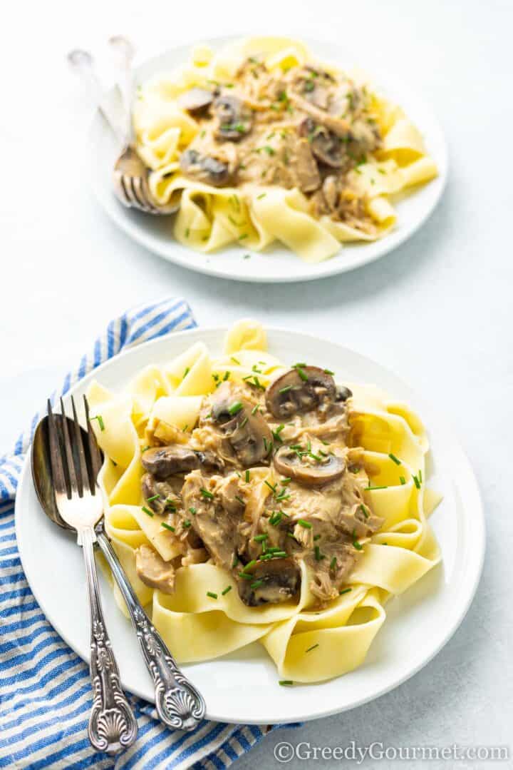 leftover turkey stroganoff with pasta ready to serve.