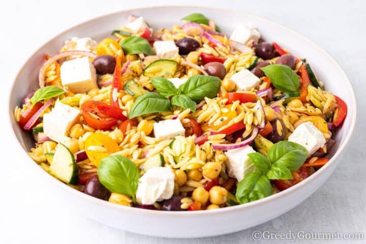 bowl of Mediterranean salad.