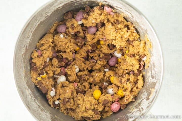 cookie dough with mini chocolate eggs mixed in.