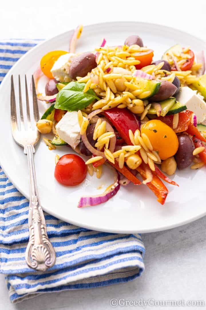 full plate of pasta salad.