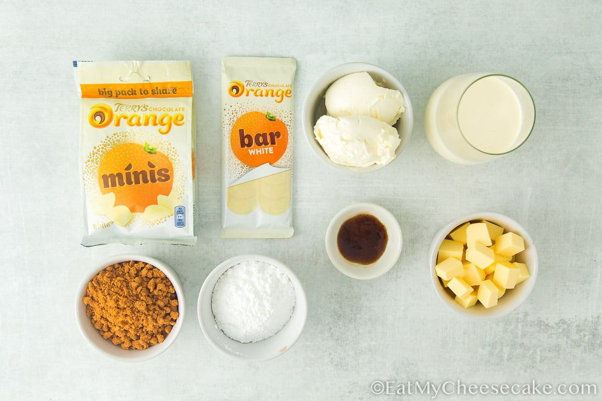 ingredients for white chocolate orange cheesecake.