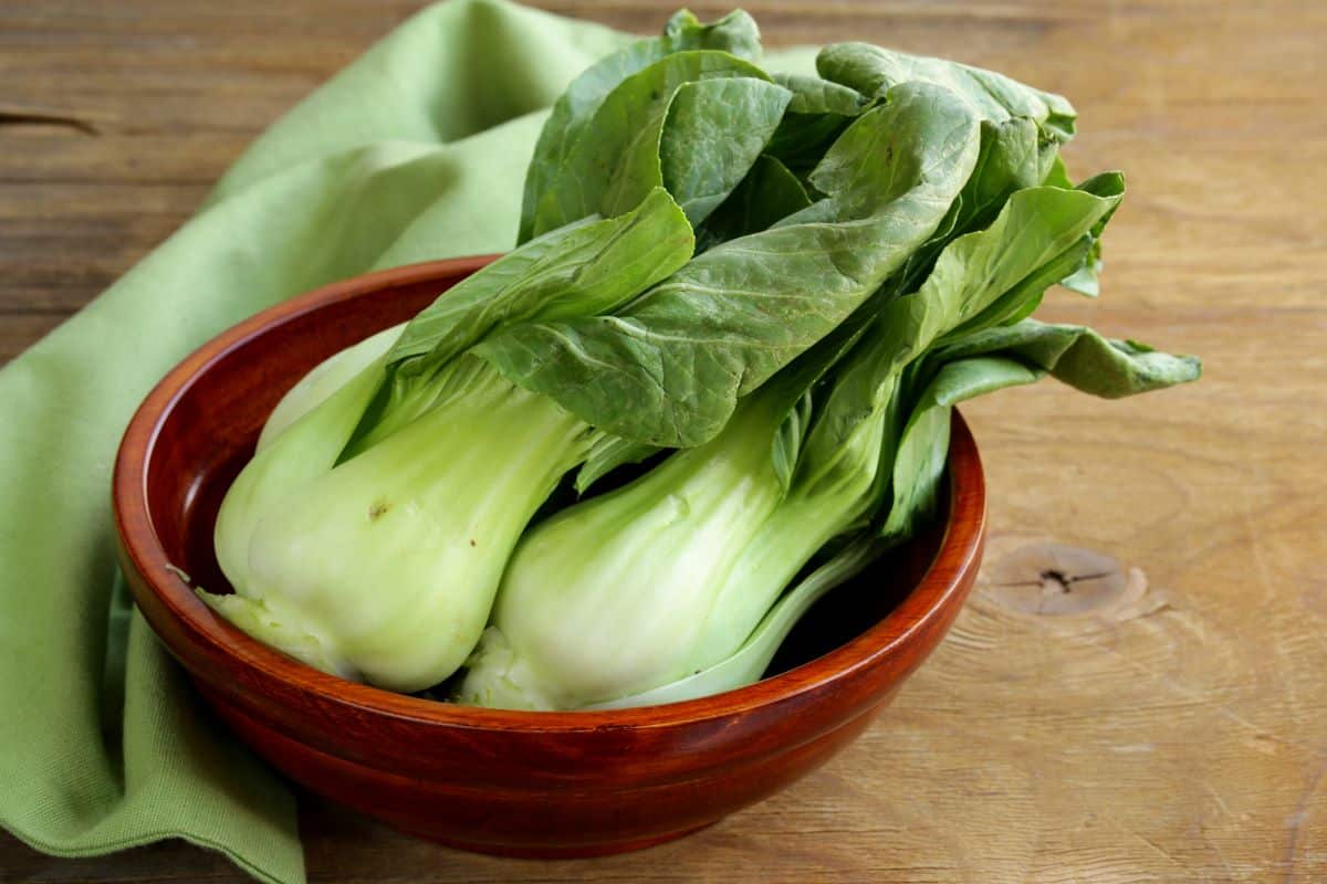Bok choy on wooden background.