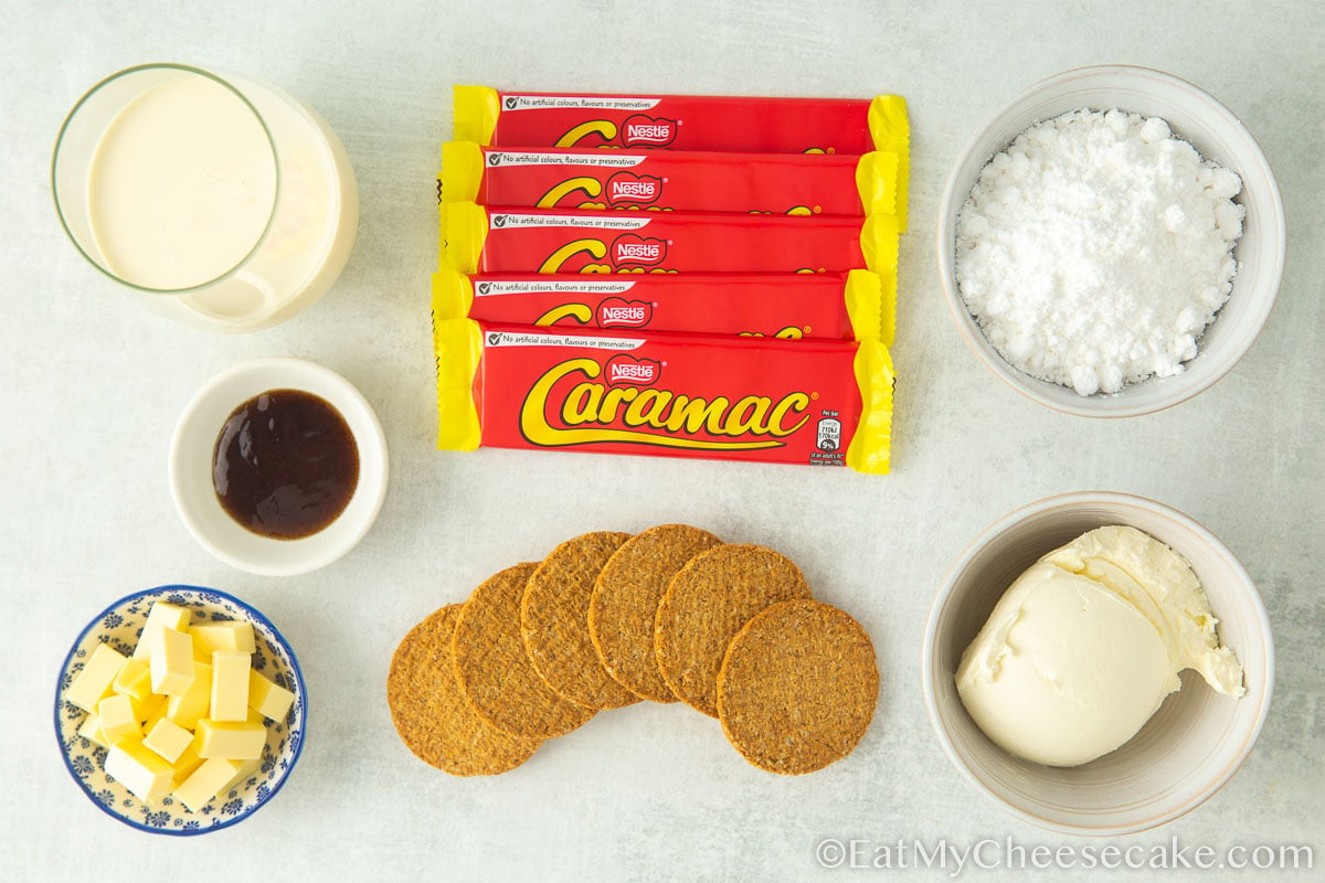 ingredients for caramac cheesecake.