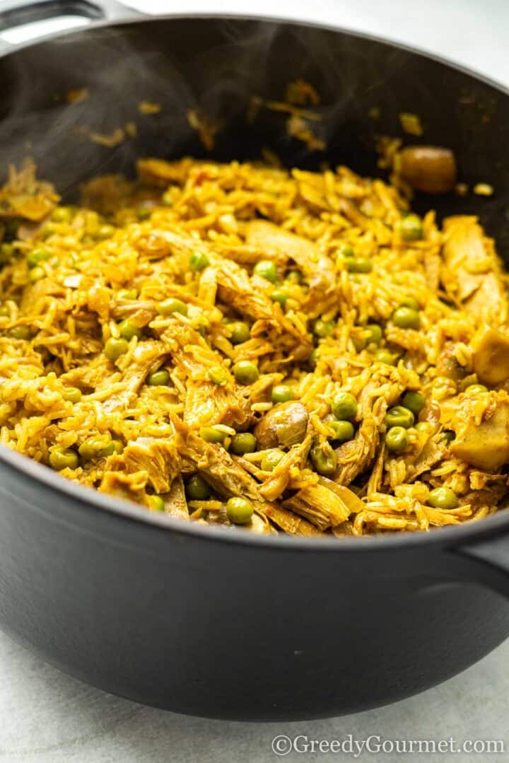 cooked turkey biryani in a pot.