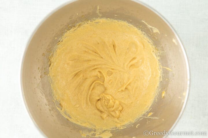 cookie batter in mixing bowl.