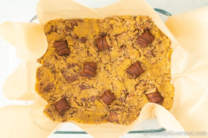 kinder Bueno cookie bars ready to go in the oven.