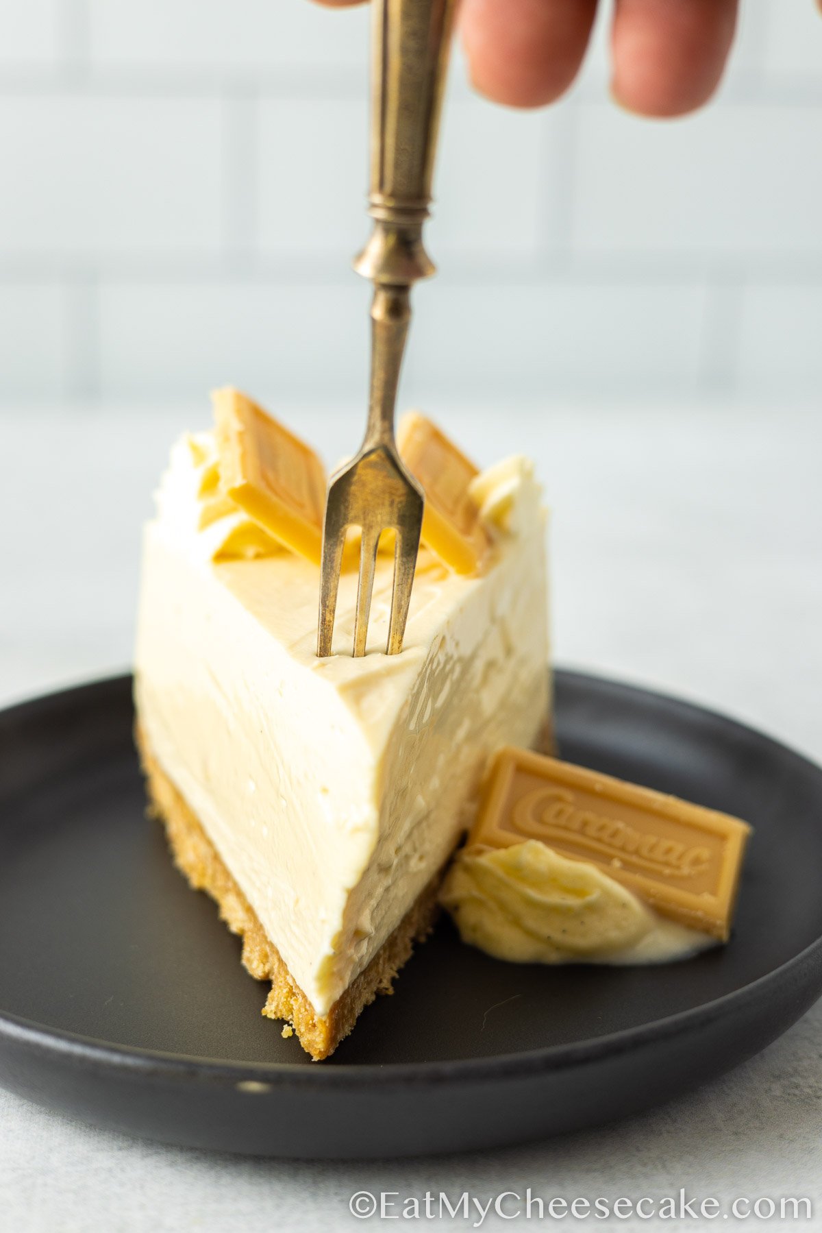 slice of caramac cheesecake.