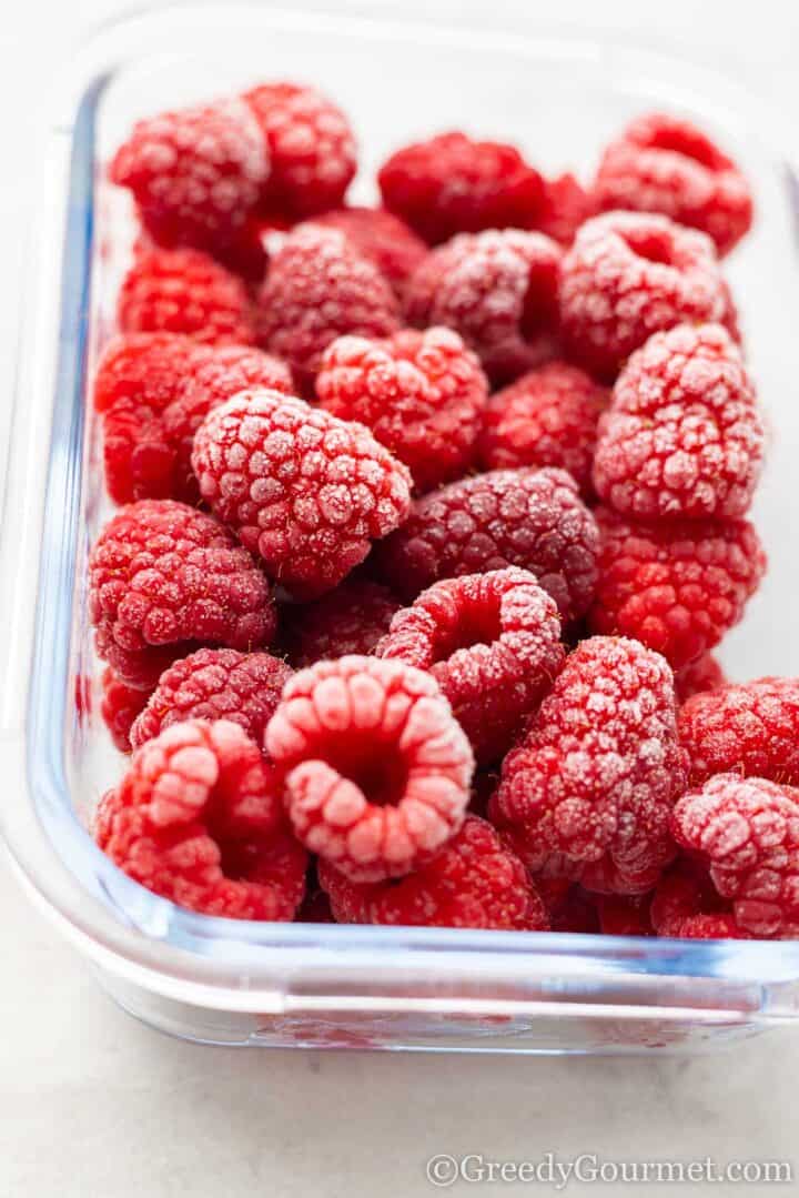 bowl of frozen raspberries. 