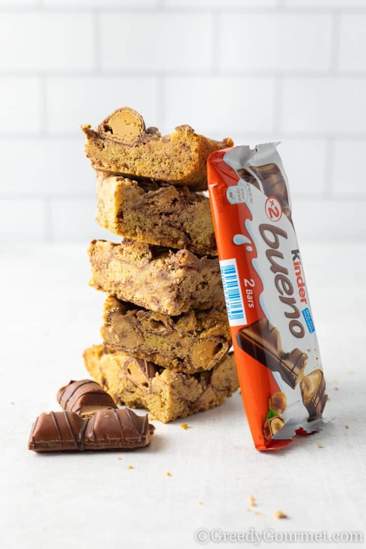 kinder Bueno cookie bars stacked on top of each other.