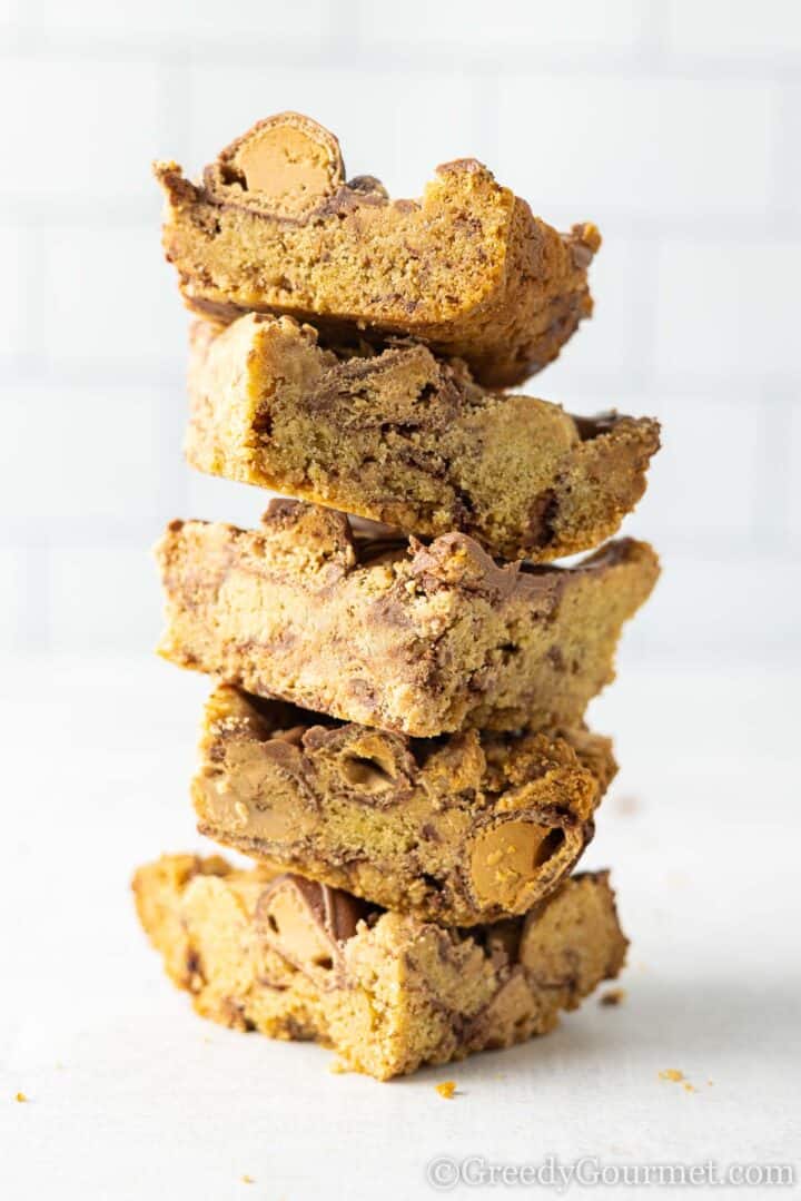 kinder Bueno cookie bars stacked on top of each other.