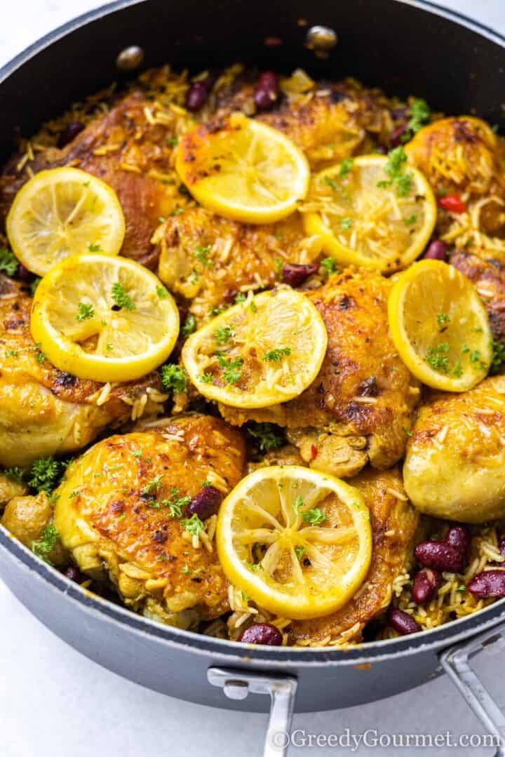 pot of chicken and rice ready to be served.