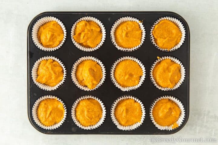 muffin batter in cases ready to be cooked.