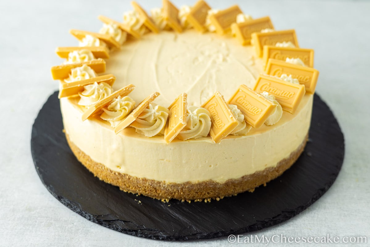 decorated caramac cheesecake.