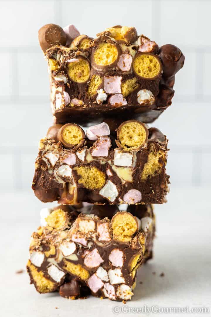 stack of malteser rocky road pieces.