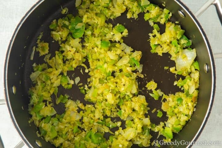 frying onion and peppers.