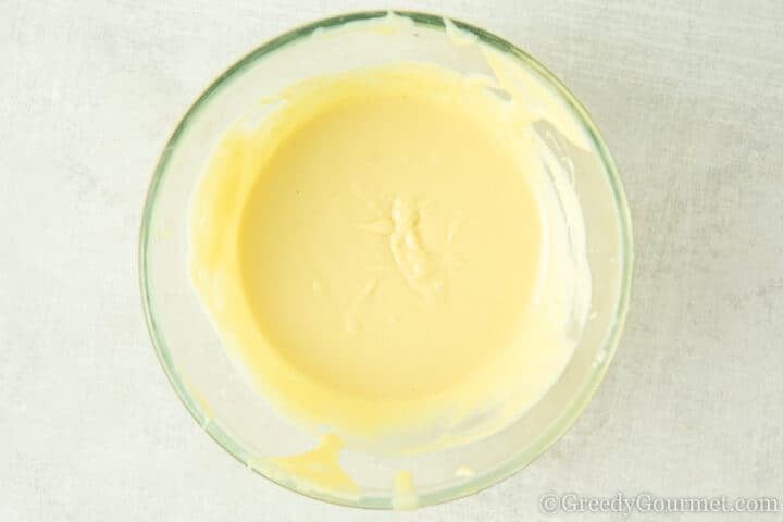 melted white chocolate in a bowl.