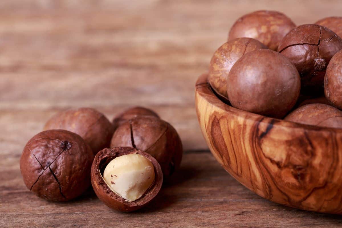 Macadamia nuts in a wooden bowl.