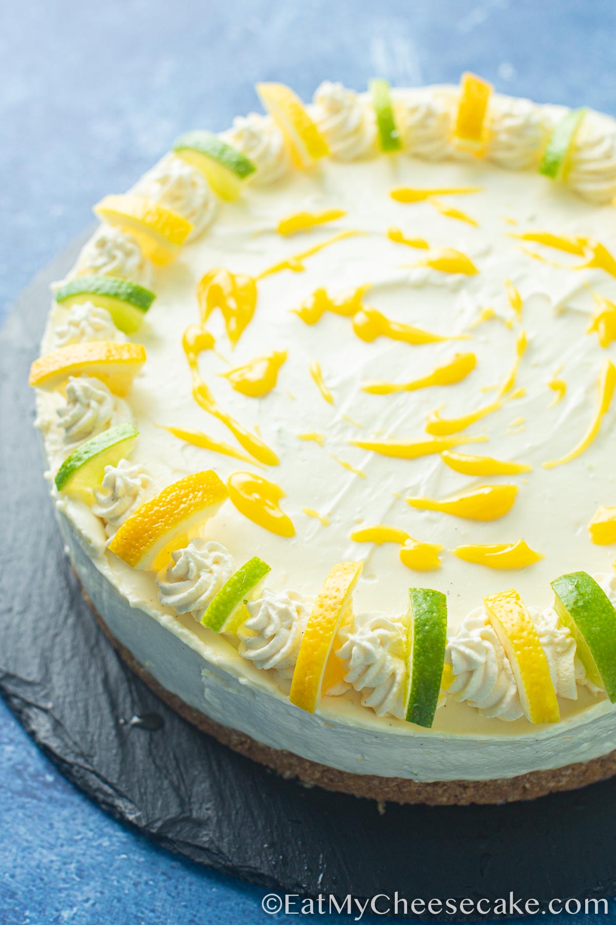 lemon and lime decorated cheesecake.