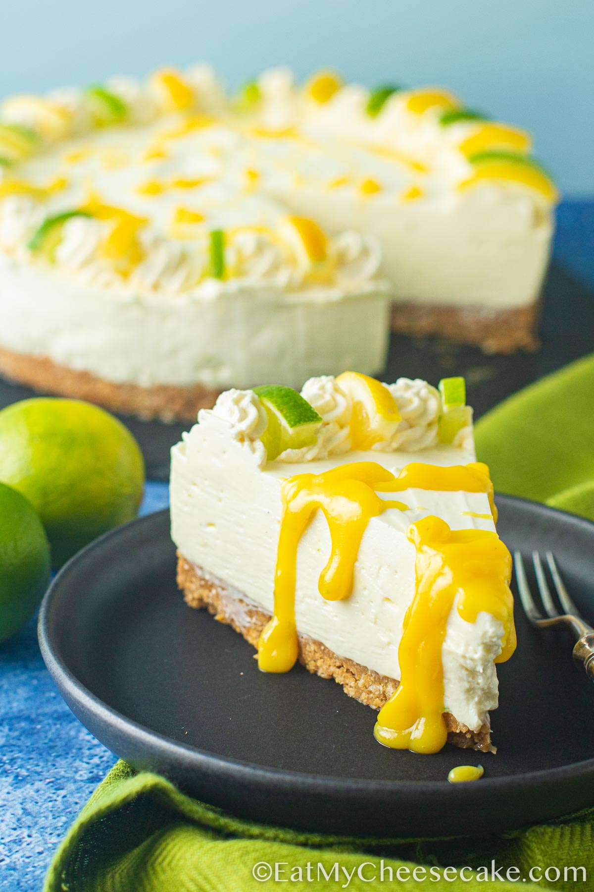 lemon and lime cheesecake drizzled in curd.