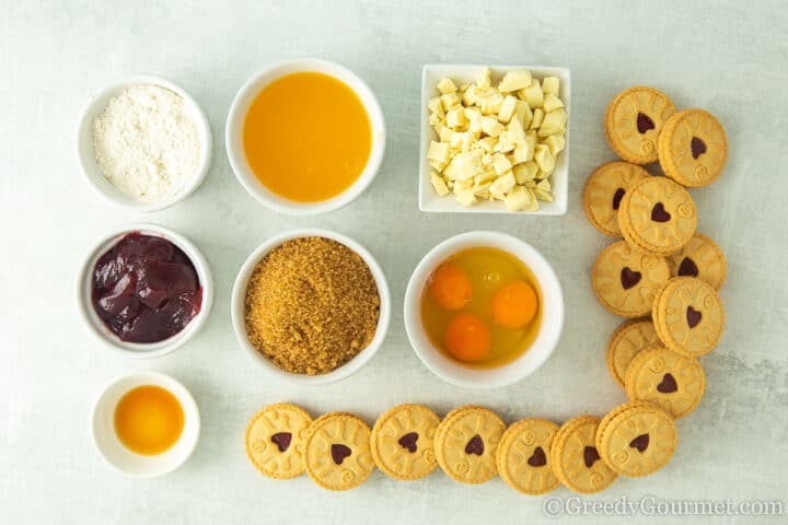 ingredients for jammie dodger blondies.