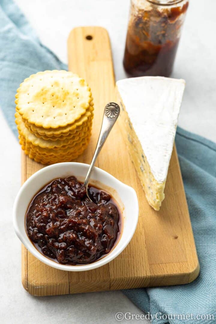 raspberry chutney with cheese and crackers.
