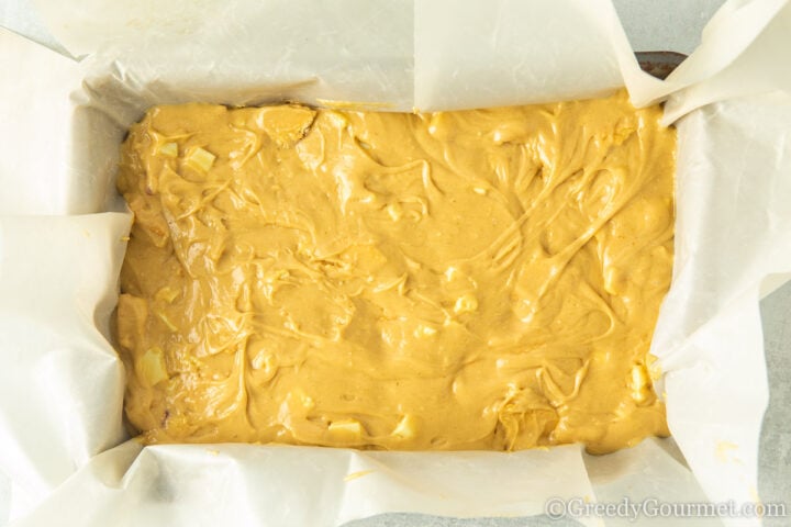 blondie batter in baking tray.