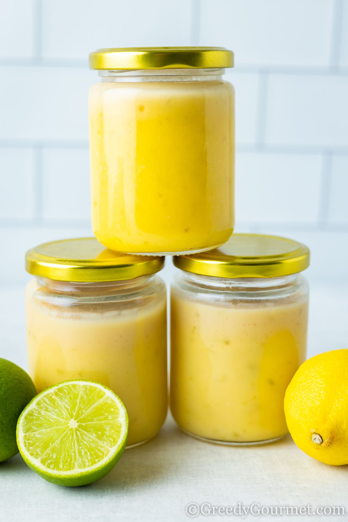 lemon and lime curd in sterilised jars.