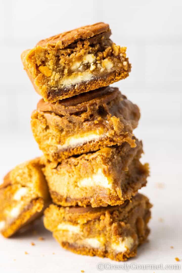 white chocolate Biscoff blondies stacked.