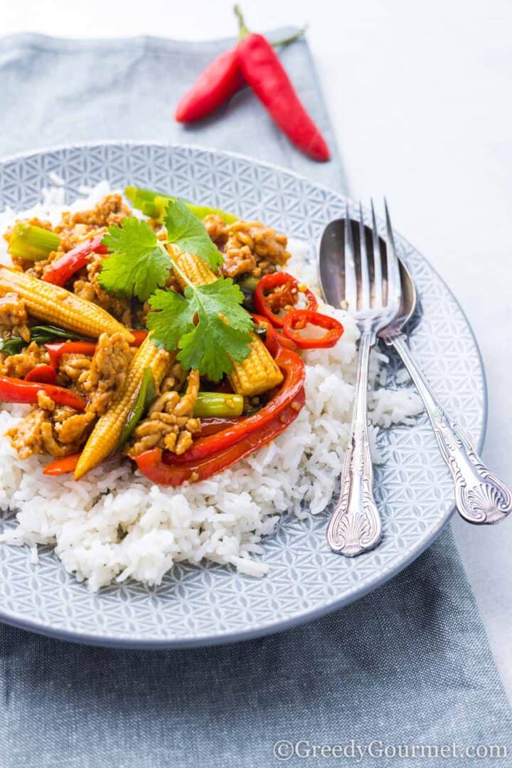 chicken mince stir fry with rice on a plate.