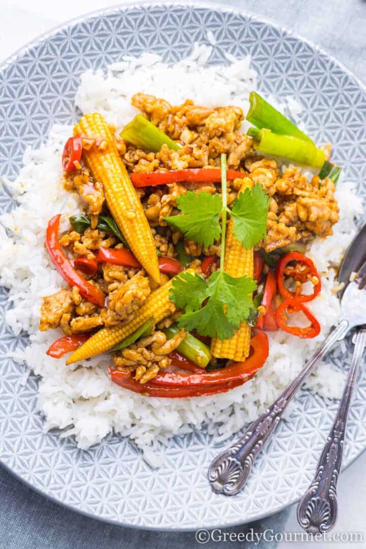 chicken mince stir fry with rice on a plate.