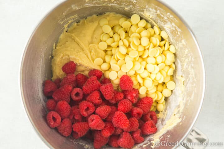 dough, white chocolate and raspberries.