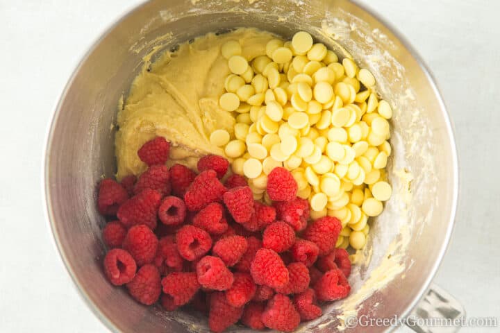 dough, white chocolate and raspberries. 