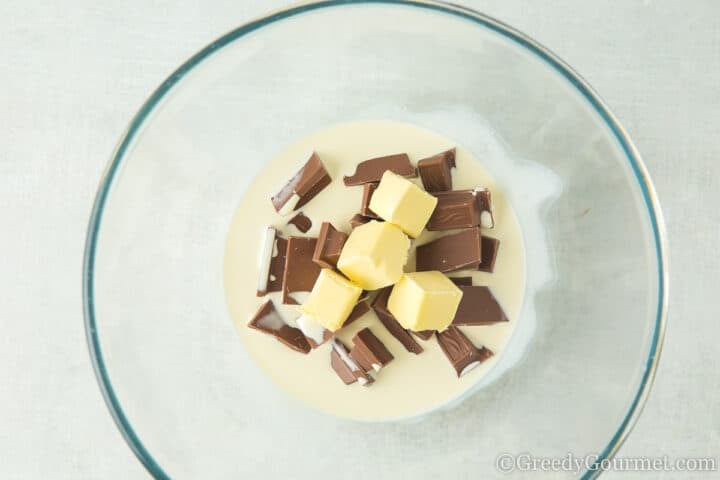 melted butter and chocolate in a glass bowl.