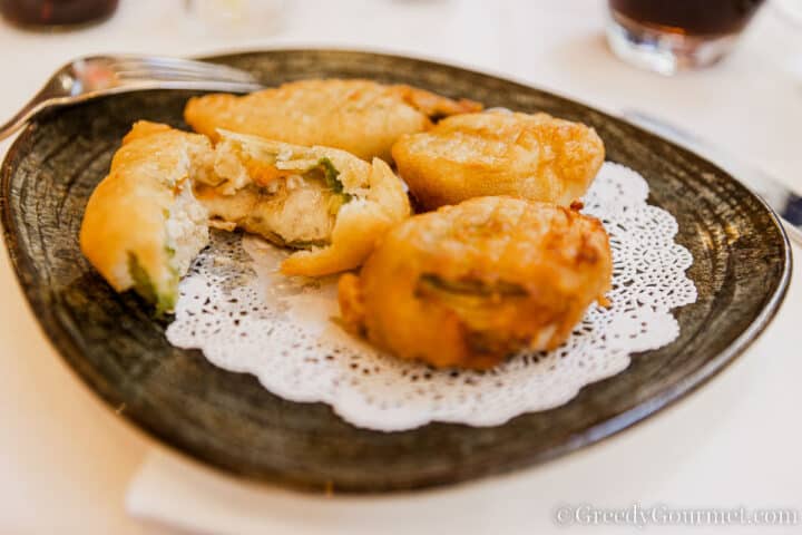 mozzarella stuffed zucchini flowers.