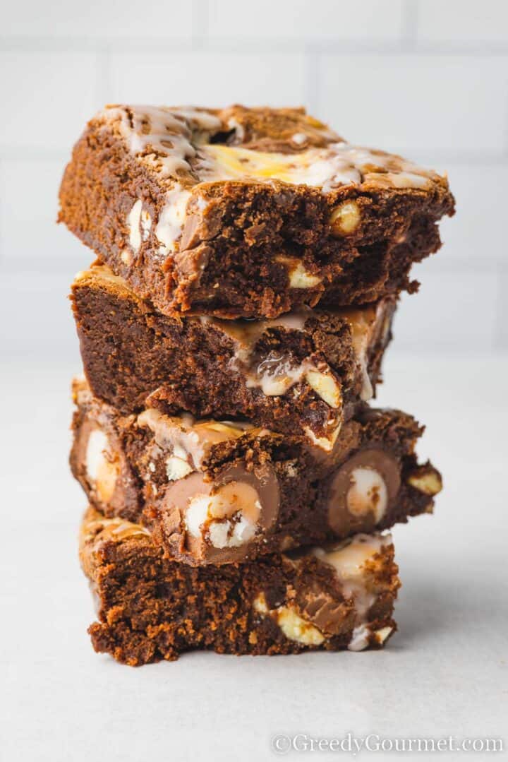 a stack of brownie squares.