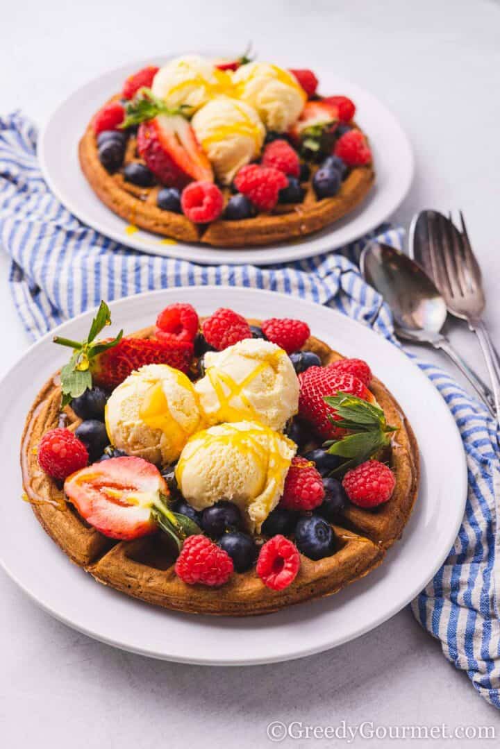 waffles with ice cream and fruit.