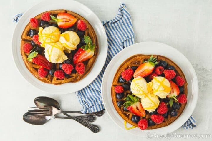 waffles with ice cream and fresh fruit.