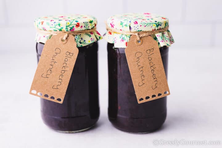 blackberry chutney in glass jars.