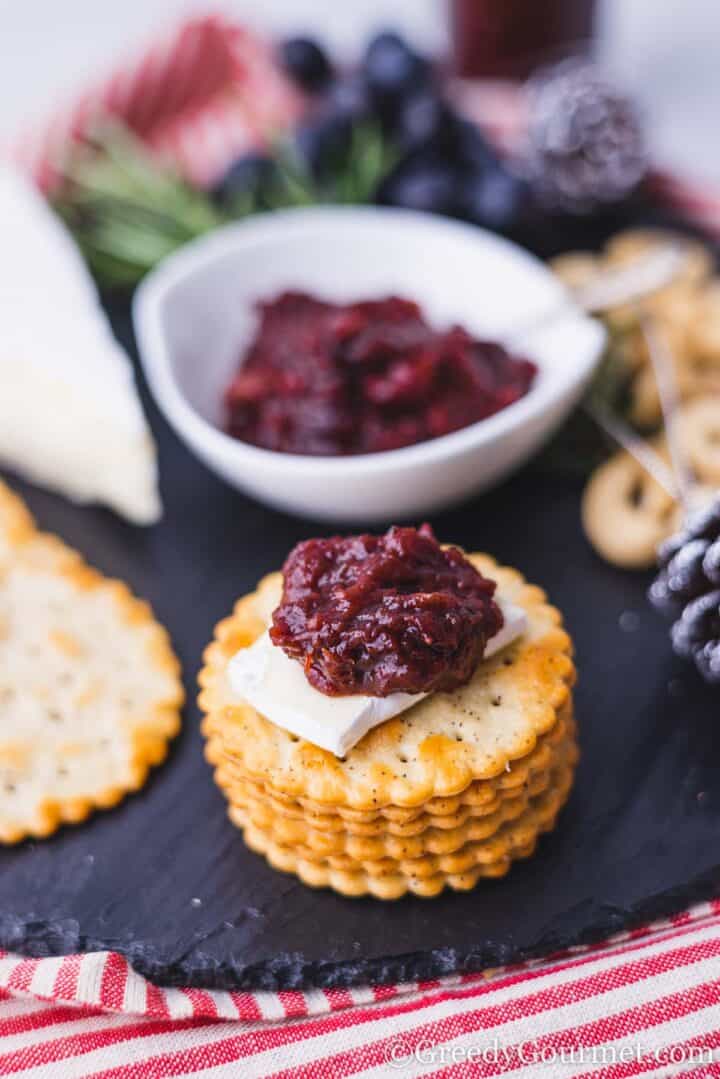 cranberry chutney on a cracker.