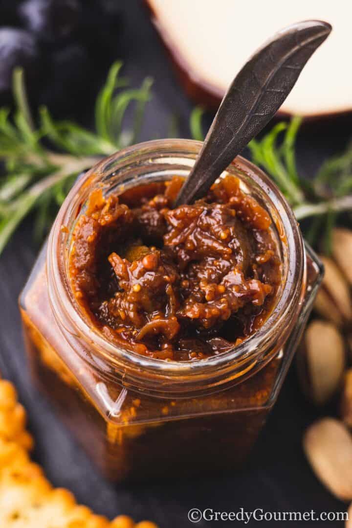 top view of chutney in a glass gar.