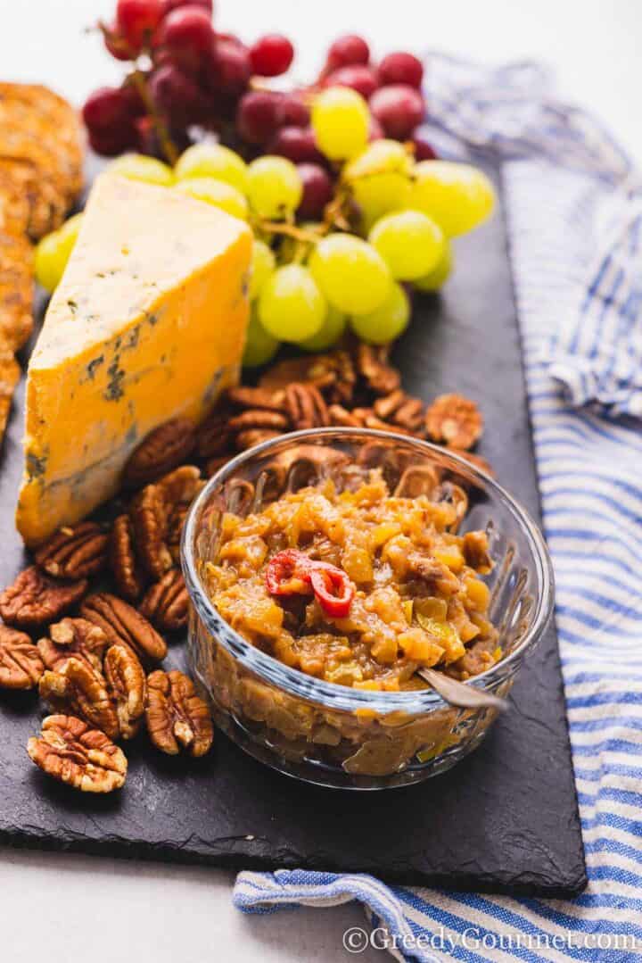 cheeseboard with apple chutney.