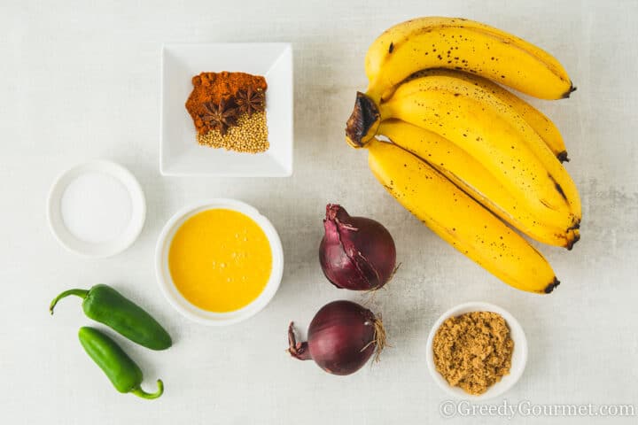 ingredients for chutney laid out on a table.