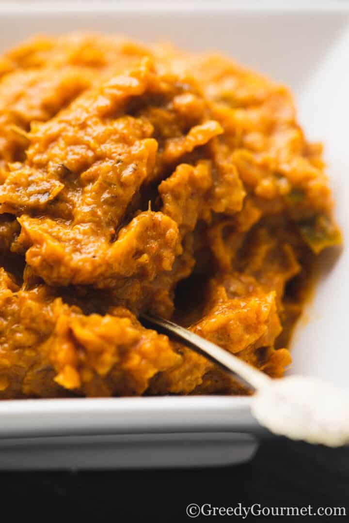 close up of banana peel chutney.