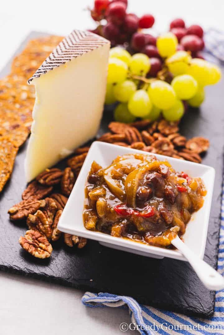 lime chutney on a cheese board.