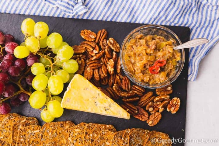 cheeseboard with apple chutney.