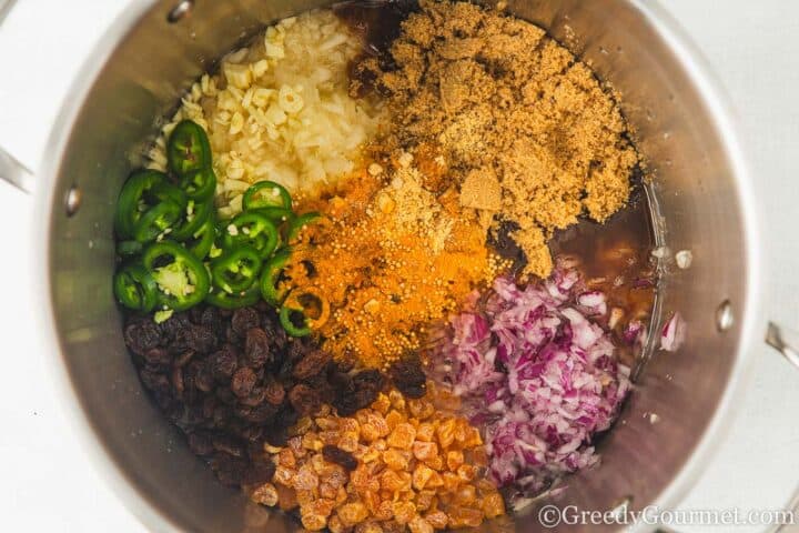 melon chutney ingredients in a pot.