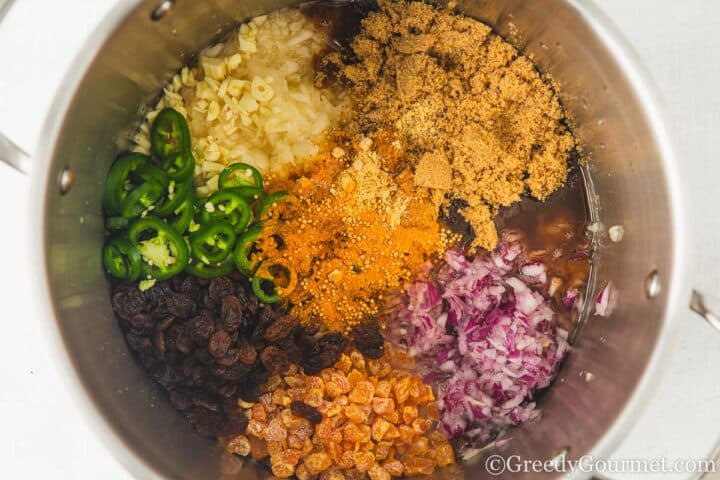 melon chutney ingredients in a pot.