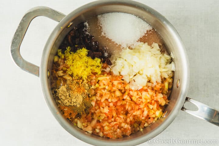 watermelon rind chutney ingredients in a pot.