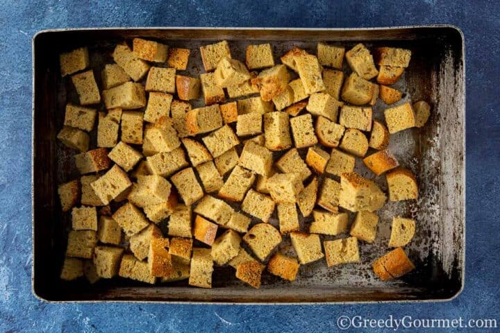 toasting bread cubes.